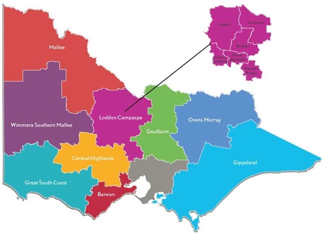 A map of Victoria, broken up into regions, highlighting the Loddon Campaspe region, in the upper North of the state