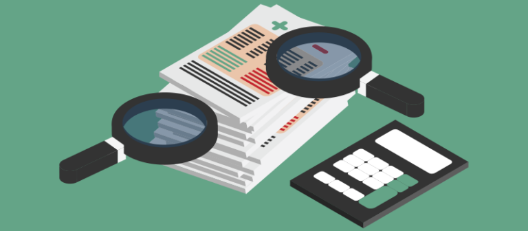 An illustration of magnifying glasses looking at a stack of papers and a calculator against a green background