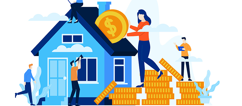 An illustration of a blue house with people around it. One person is putting a coin into the roof of the house, while standing atop of a pile of coins.