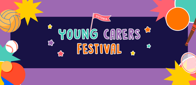 A brightly coloured illustration of sporting equipment, stars and circles surrounds text reading 'Victoria Young Carers Festival'