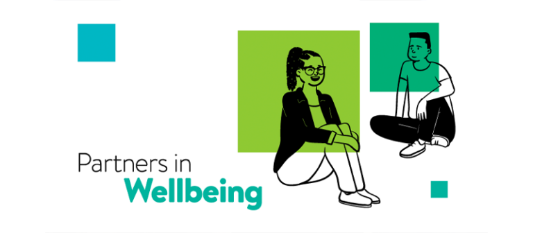 Image has text reading 'Partners in Wellbeing' in the lower left corner, and shows an illustration of two people talking to the right.