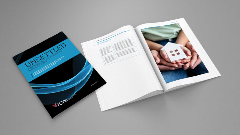 Mock up image of the Unsettled report, showing front cover and some inner pages