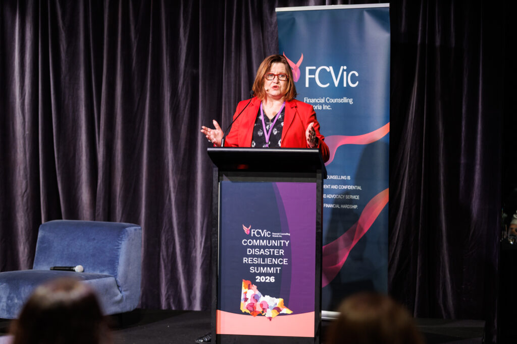 Jacki Johnson speaks at the FCVic Community Disaster Relief Summit 2026