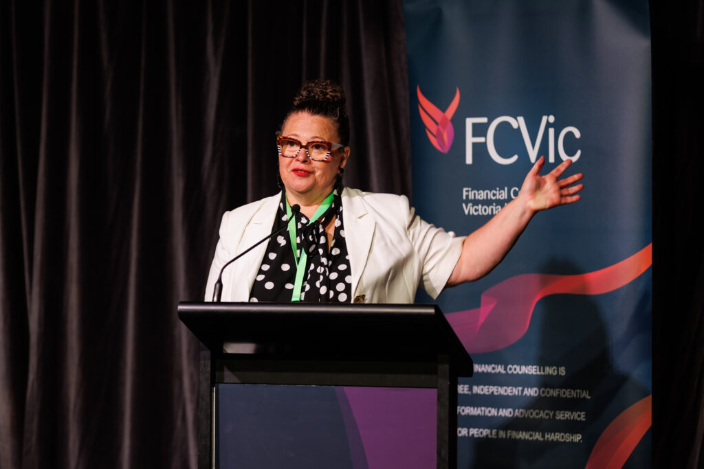 Kellie Davis speaks at the FCVic Community Disaster Relief Summit 2026