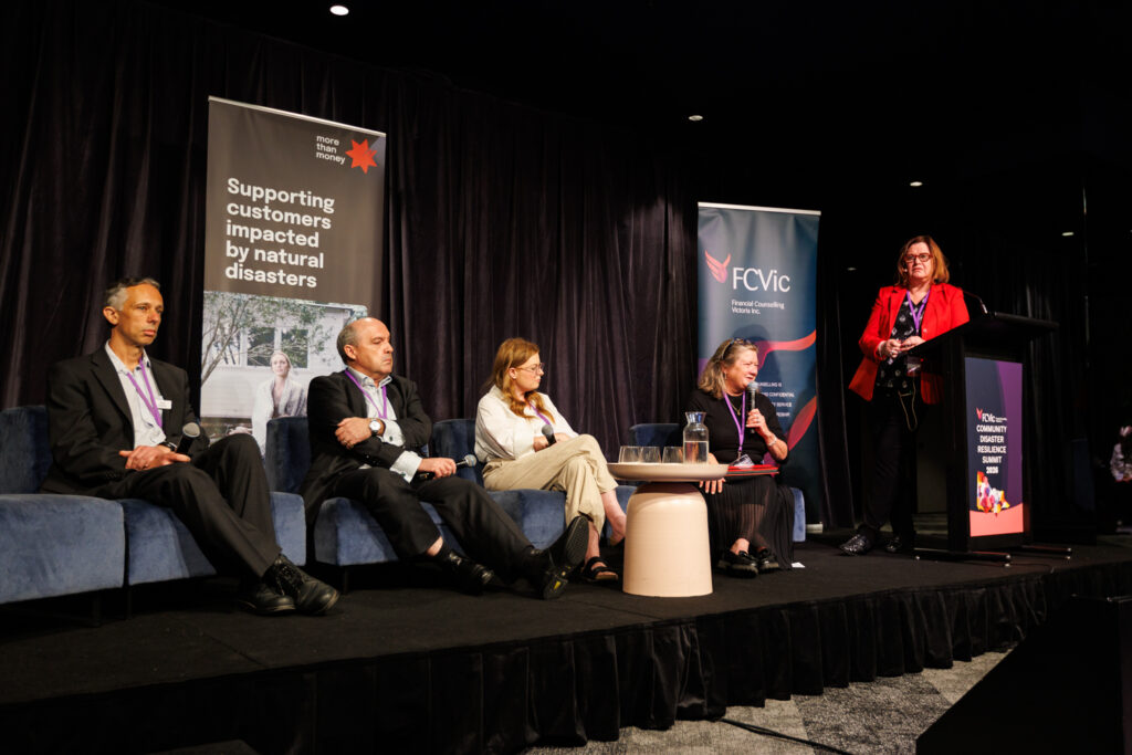 A panel speaks about cash settlements at the FCVic Community Disaster Relief Summit 2026