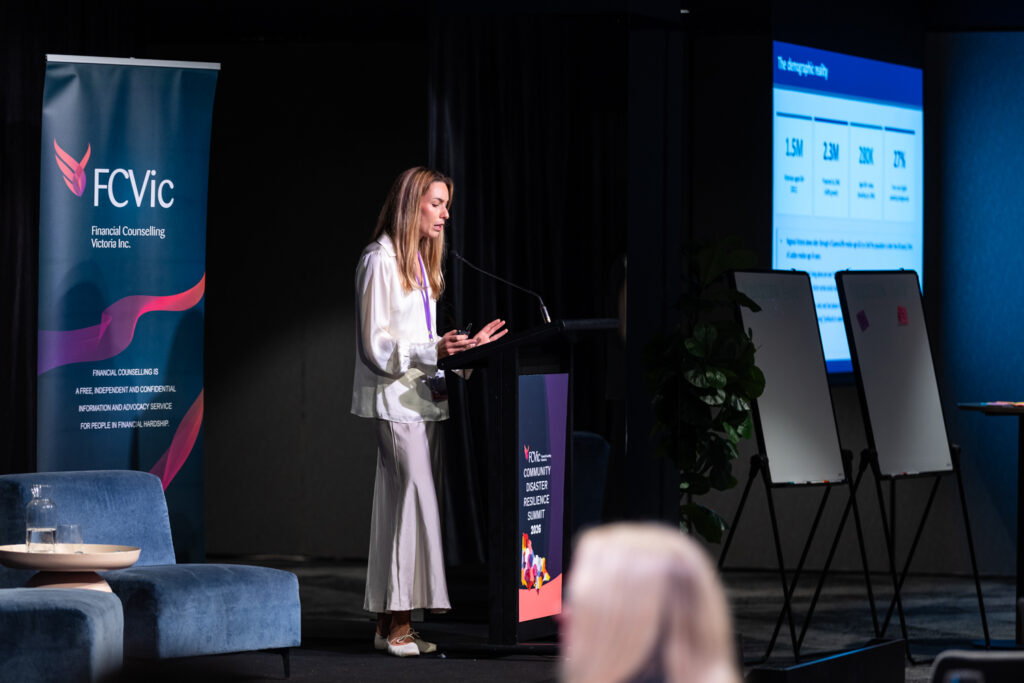 Marshida Kolthoff speaks at the FCVic Community Disaster Resilience Summit 2026