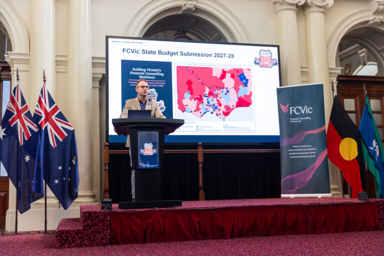 FCVic CEO Zyl Hovenga-Wauchope presents the FCVic State Budget Submission 2027-28, with a map of financial counselling services across Victoria on screen.