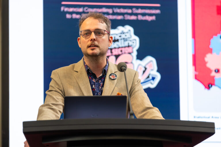 Close-up of FCVic CEO Zyl Hovenga-Wauchope speaking at the podium.