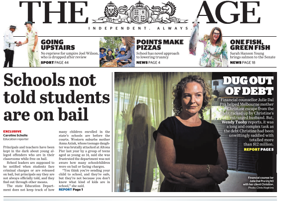 The front page of The Age 27 March 2025, featuring financial counsellor Julie Dal Pra