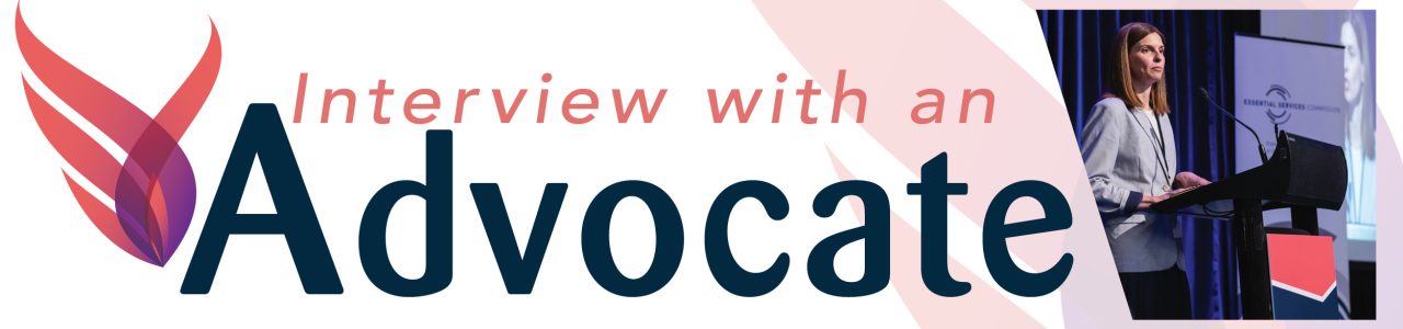 Text reads: Interview with an Advocate. Small inset photograph of Kate Symons, ESC, talking at FCVic Conference.