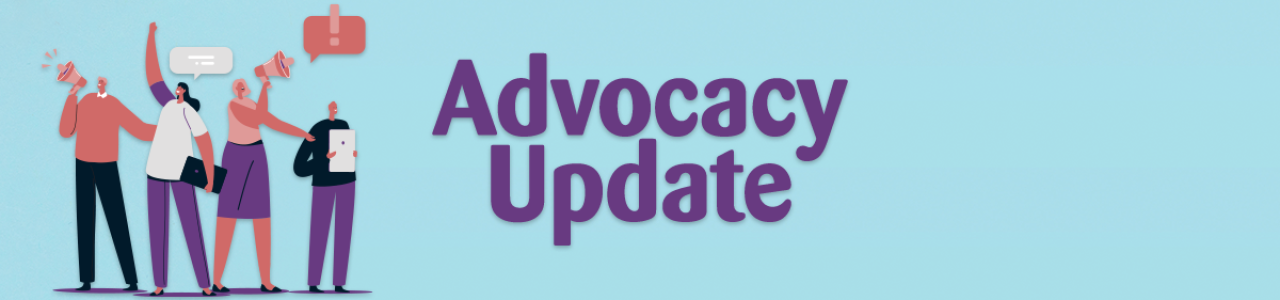 A group of people on the left talking, holding a clipboard and speaking into megaphone. Text to right reads 'Advocacy Update'.