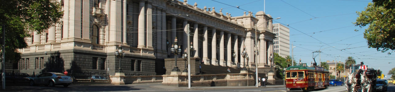 A cropped photograph of Parliament House, Melbourne
